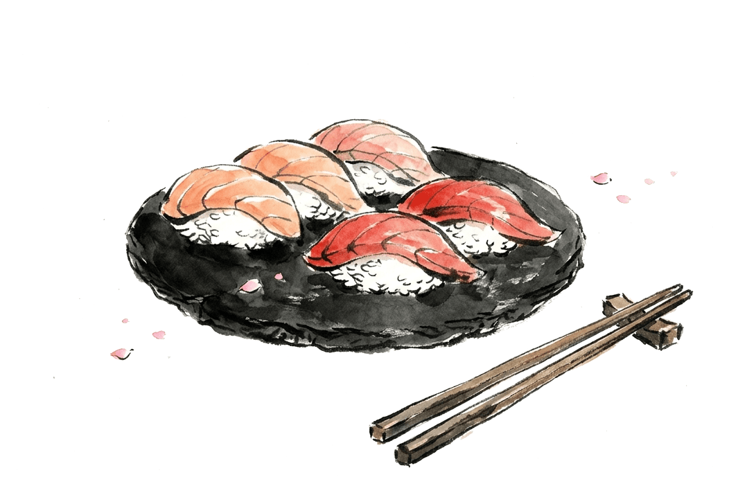 Ink and watercolor illustration of nigiri sushi on a slate plate with chopsticks